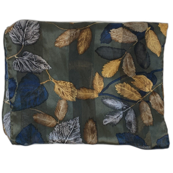 Silk Scarf 10" X 58" Brown Tones With Gold And Silver Leaves Fall Casual Core - Picture 4 of 4